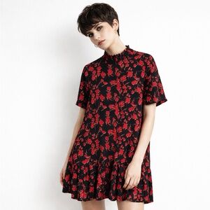 Zara Mini dress High neckline Half sleeve Tiered Ruffle Black Red M Oversized